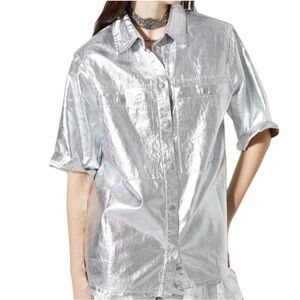 NWT - Lanhtropy Metallic Silver Women's Button Down Shirt
